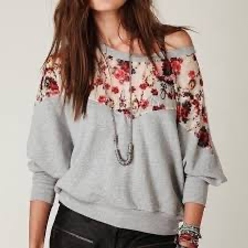 Free People Pullover Lace Peek-A-Boo Sweater Heather Gray Floral Sheer Yoke